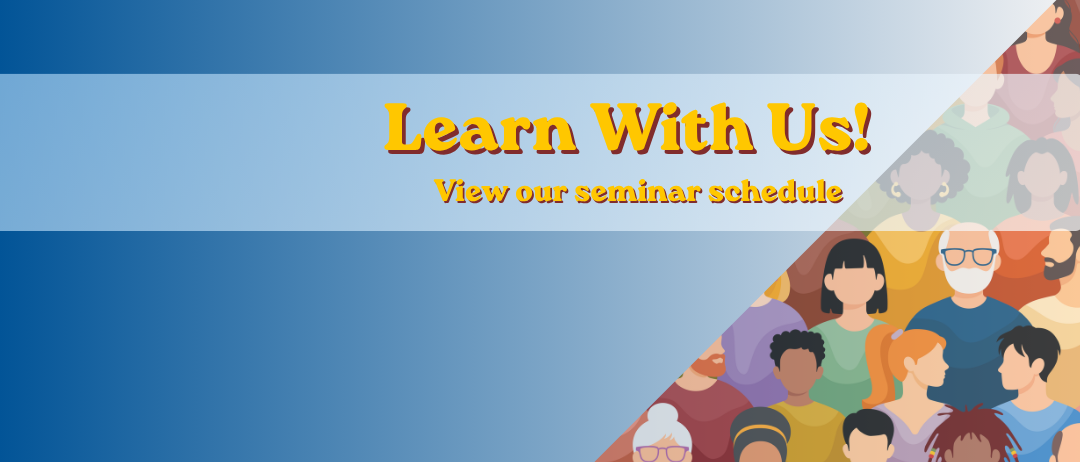 Bold text says "Learn with Us" with an image of a group of animated people.